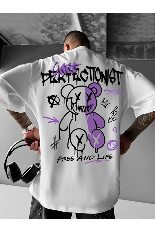 Baskılı Oversize Bisiklet Yaka T-shirt - Beyaz