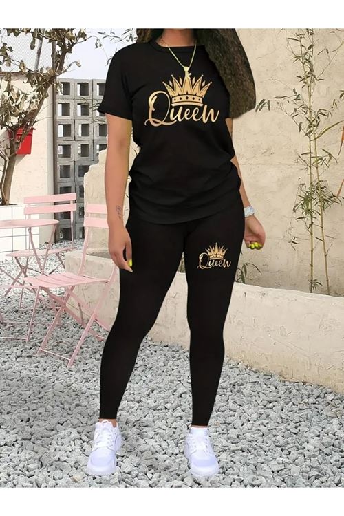 Kadın Kısa Kollu Queen Baskı Viskon Ikili Takım