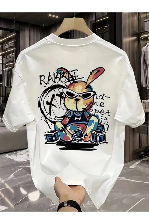 Baskılı Oversize Bisiklet Yaka T-shirt - Beyaz