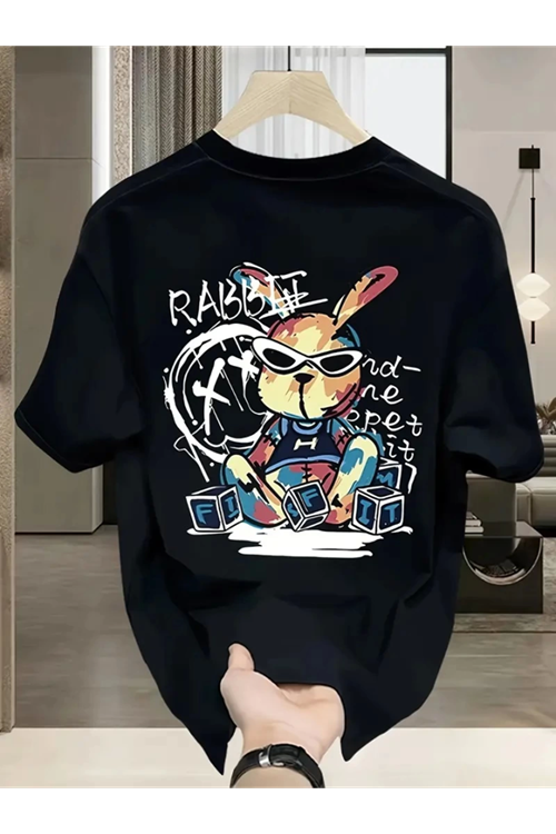 Baskılı Oversize Bisiklet Yaka T-shirt - Siyah