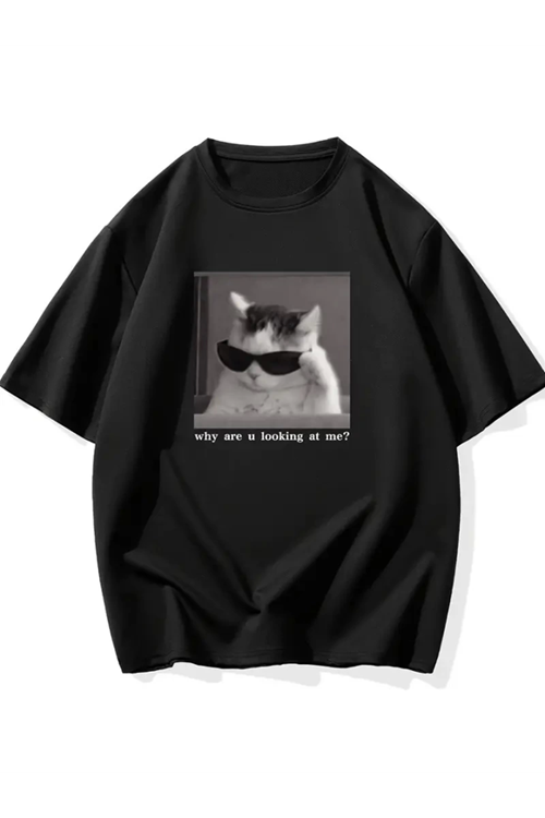 Baskılı Oversize Bisiklet Yaka T-shirt - Siyah