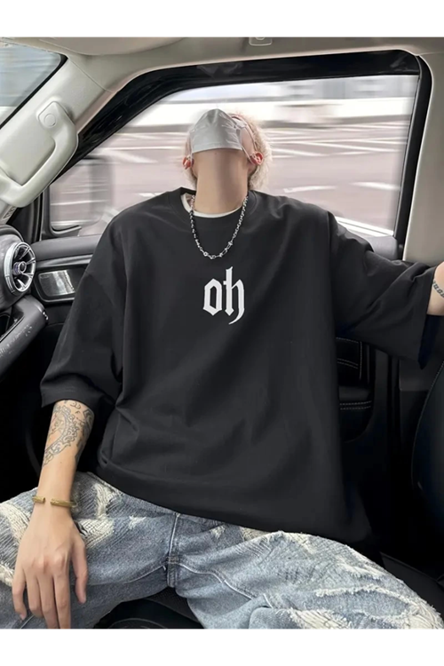 Baskılı Oversize Bisiklet Yaka T-shirt - Siyah