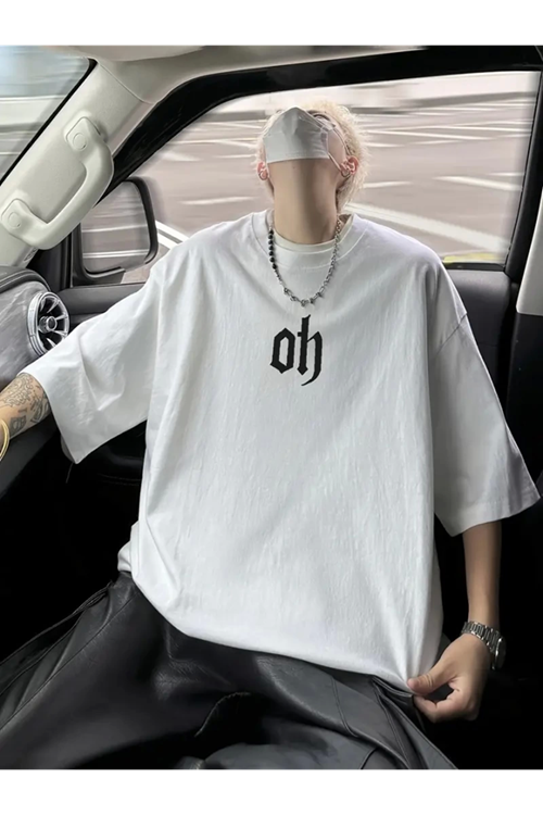 Baskılı Oversize Bisiklet Yaka T-shirt - Beyaz