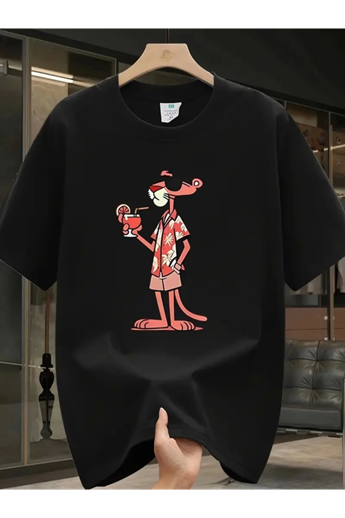 Baskılı Oversize Bisiklet Yaka T-shirt - Siyah