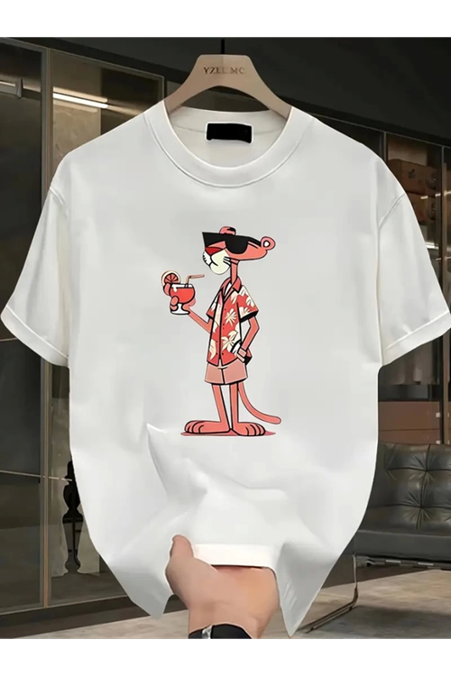 Baskılı Oversize Bisiklet Yaka T-shirt - Beyaz