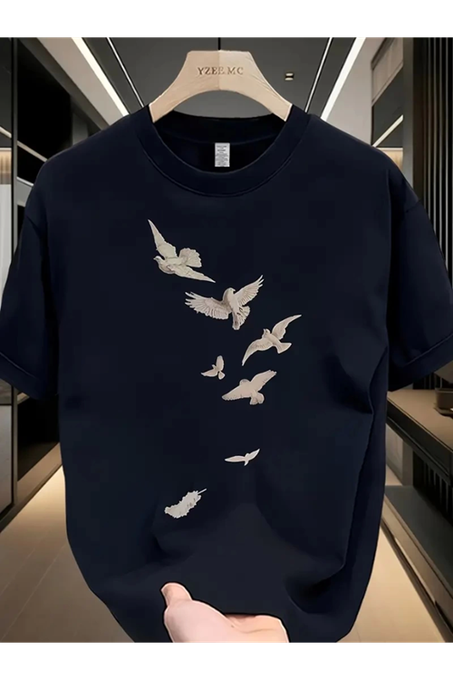 Baskılı Oversize Bisiklet Yaka T-shirt - Beyaz