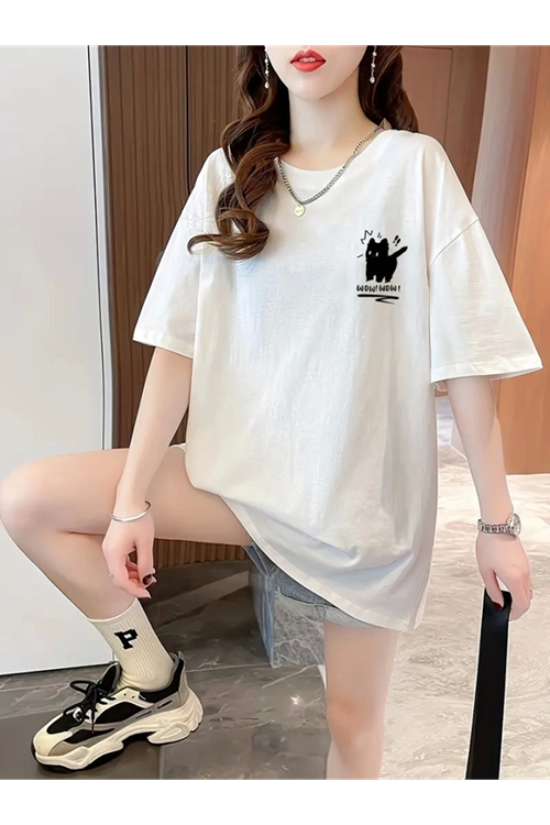 Baskılı Oversize Bisiklet Yaka T-shirt - Beyaz