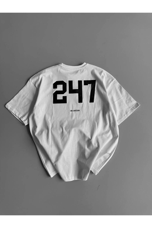 Baskılı Oversize Bisiklet Yaka T-shirt - Beyaz