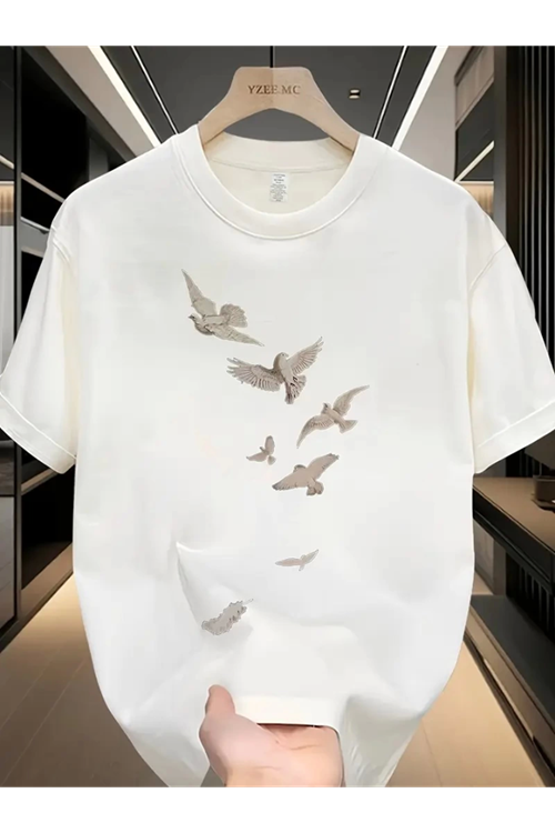 Baskılı Oversize Bisiklet Yaka T-shirt - Beyaz