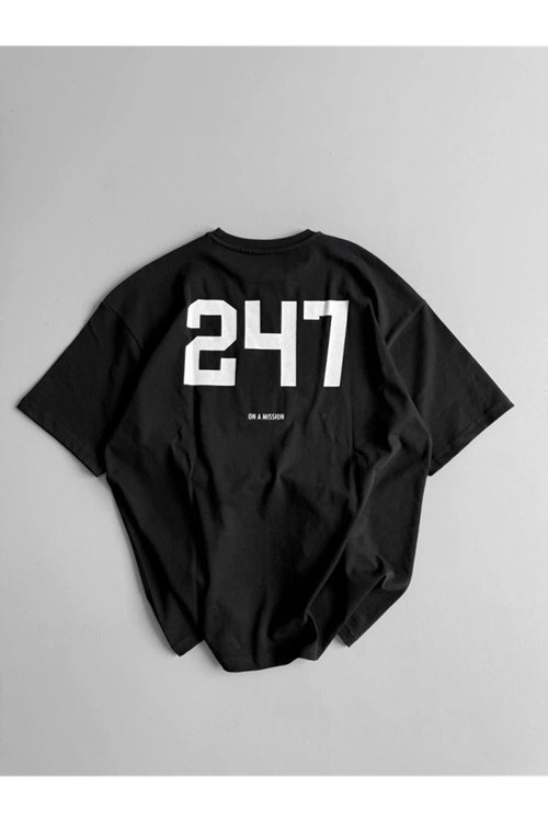 Baskılı Oversize Bisiklet Yaka T-shirt - Siyah