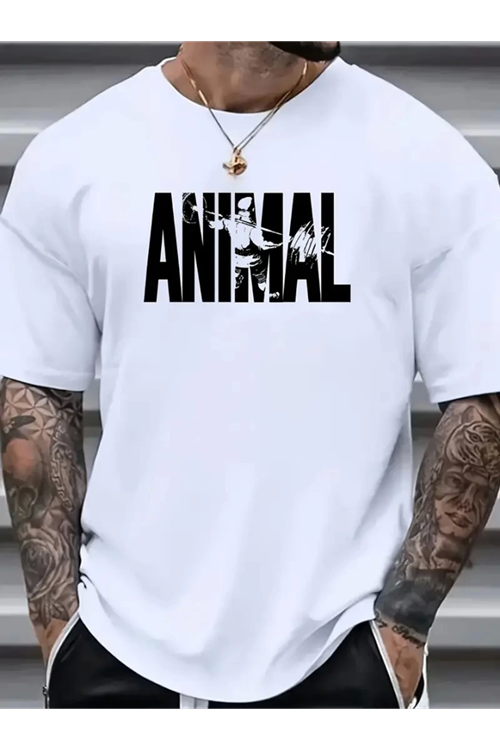 Baskılı Oversize Bisiklet Yaka T-shirt - Beyaz