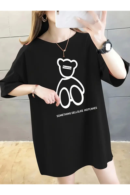 Baskılı Oversize Bisiklet Yaka T-shirt - Siyah