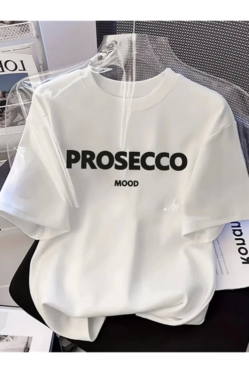 Baskılı Oversize Bisiklet Yaka T-shirt - Beyaz