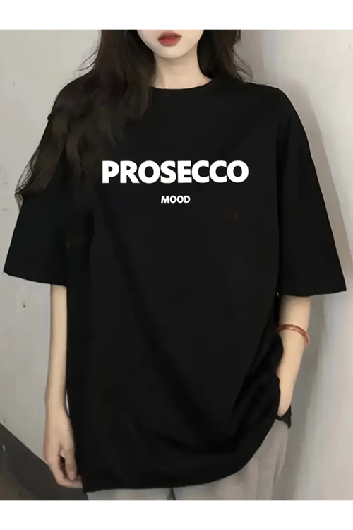 Baskılı Oversize Bisiklet Yaka T-shirt - Siyah