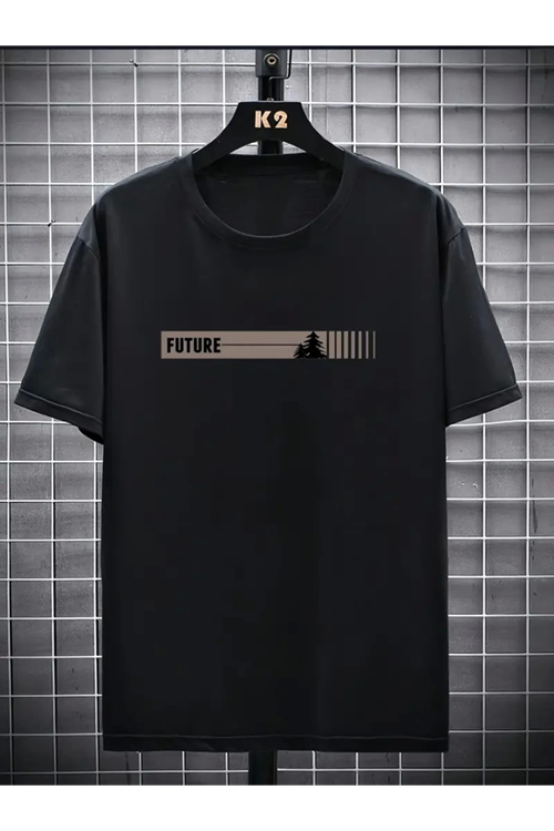 Baskılı Oversize Bisiklet Yaka T-shirt - Siyah