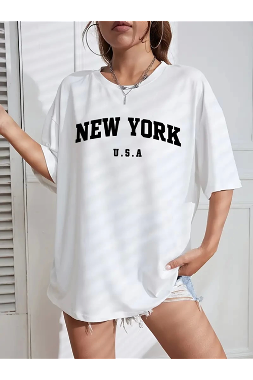 New York Baskılı Oversize Bisiklet Yaka T-shirt - Beyaz