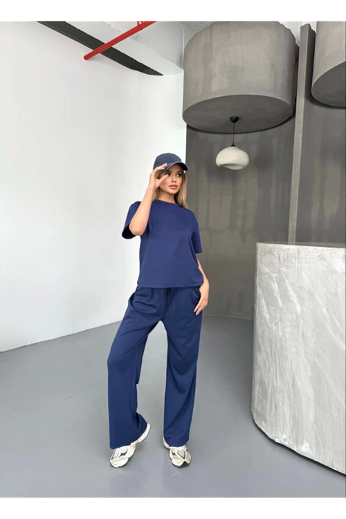 Osy Modal Yumuşak Dokulu Kumaş Kısa Kollu Bluz Rahat Pantalon Ikili Takım- Lacivert