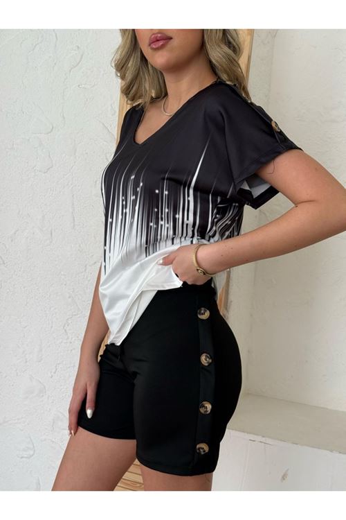 Kadın V Yaka Kısa Kol Kenarları Minik Yırtmaç Detaylı Dalgıç Bluz + Düğme Detaylı Dalgıç şort