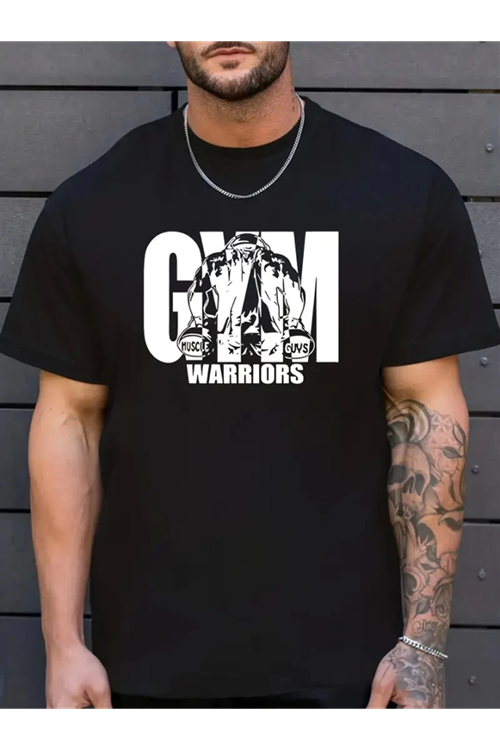 Sporda Günlük Hayata Giyilebilir GYM Baskılı Oversize Bisiklet Yaka Erkek T-shirt - Siyah