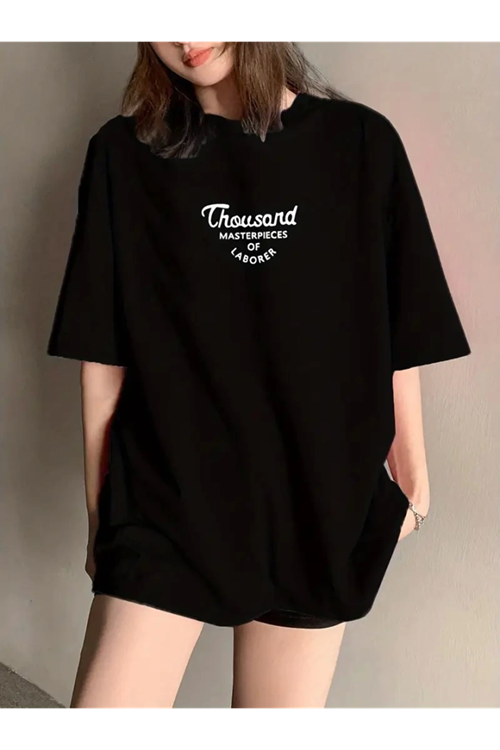 Thousand Baskılı Oversize Bisiklet Yaka T-shirt - Siyah