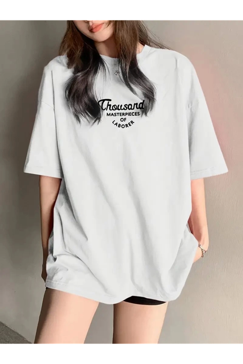Thousand Baskılı Oversize Bisiklet Yaka T-shirt - Beyaz