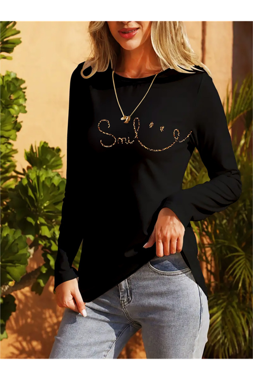 Kadın Uzun Kollu Bisiklet Yaka Gülümseyen Surat Desenli Viskon Bluz