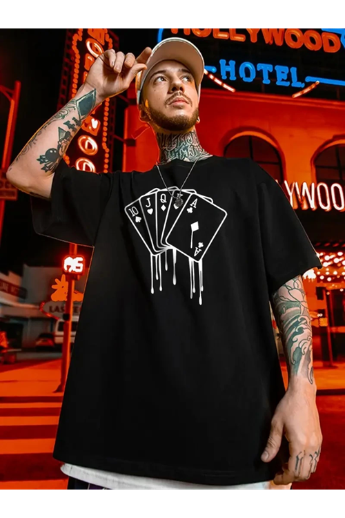 Erkek Büyük Beden Kart Baskılı Düz Renk Kısa Kollu Bisiklet Yaka Tişört Gündelik Giyim - Siyah