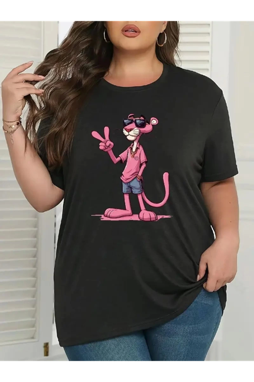 Pembe Panter Baskılı Oversize Bisiklet Yaka T-shirt - Beyaz