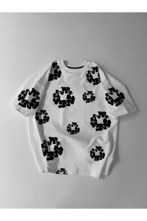 Ön Ve Arka Baskılı Oversize Bisiklet Yaka T-shirt- Beyaz