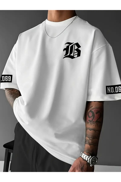 Baskılı Oversize Bisiklet Yaka T-shirt - Beyaz