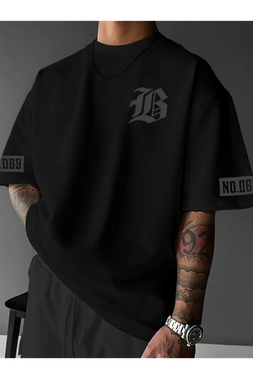 Baskılı Oversize Bisiklet Yaka T-shirt - Siyah