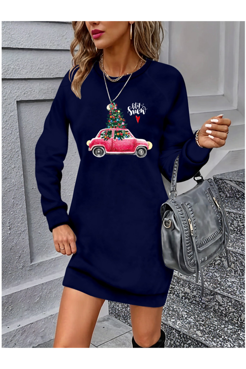 Kadın Uzun Kollu Bisiklet Yaka Desenli Viskon Iki Iplik Elbise