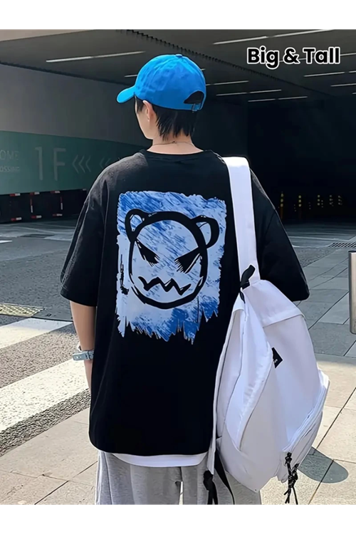 Baskılı Oversize Bisiklet Yaka T-shirt - Siyah