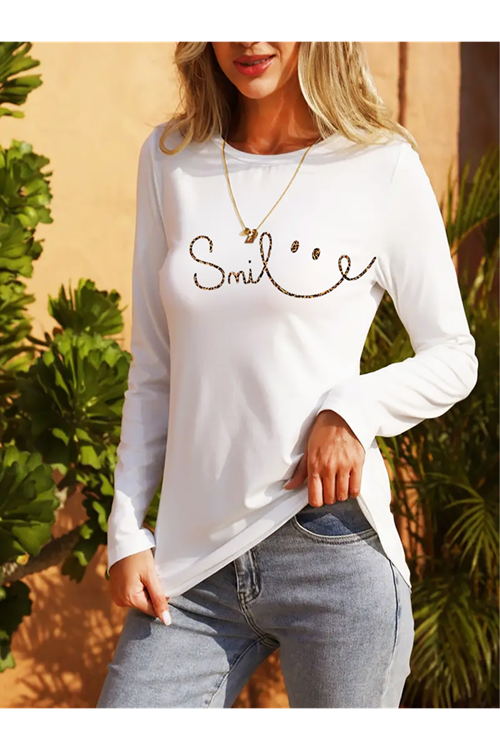 Kadın Uzun Kollu Bisiklet Yaka Gülümseyen Surat Desenli Viskon Bluz