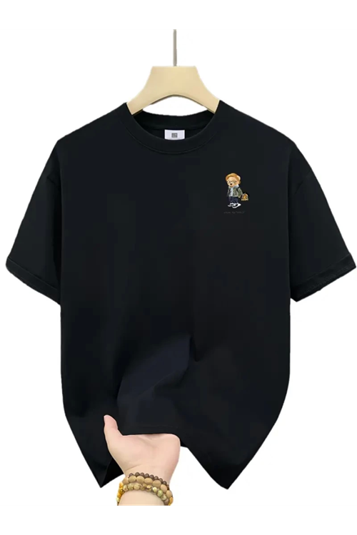 Baskılı Oversize Bisiklet Yaka T-shirt - Siyah