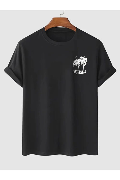 Baskılı Oversize Bisiklet Yaka T-shirt - Siyah