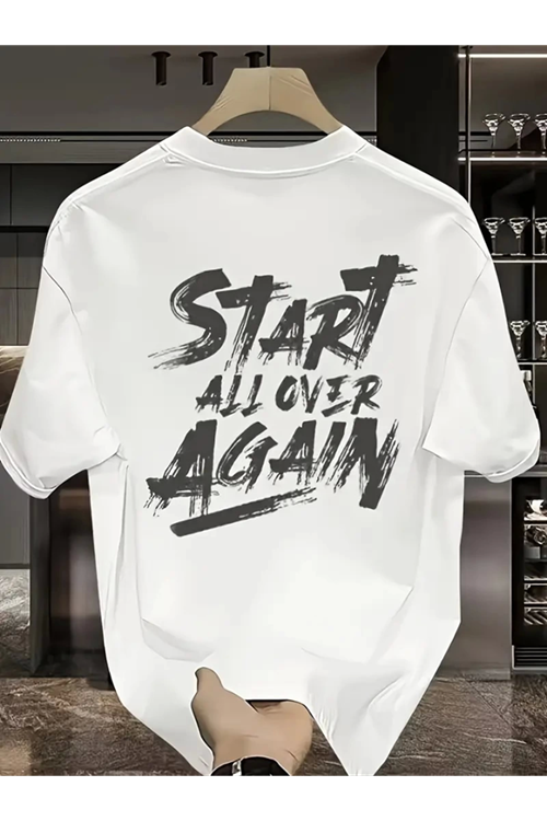 Baskılı Oversize Bisiklet Yaka T-shirt - Beyaz