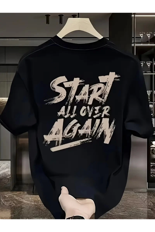 Baskılı Oversize Bisiklet Yaka T-shirt - Siyah