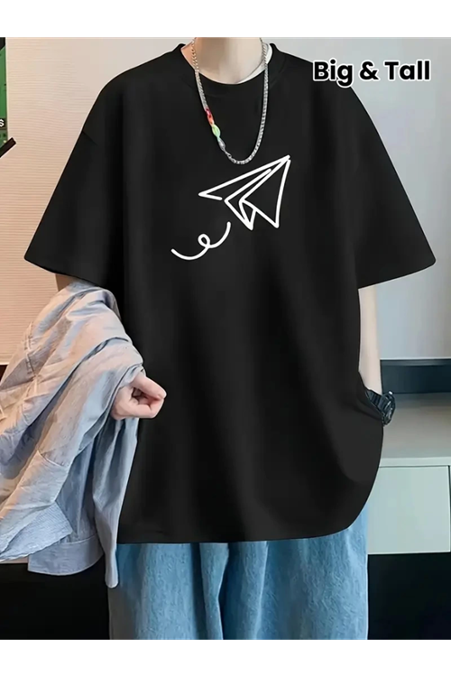 Baskılı Oversize Bisiklet Yaka T-shirt - Siyah