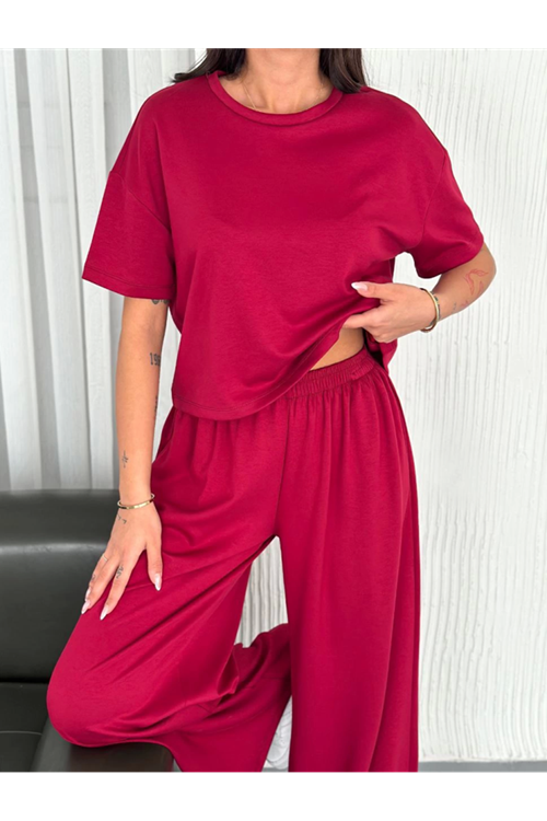 Osy Modal Yumuşak Dokulu Kumaş Bisiklet Yaka T-shirt Bol Paça Pantalon Ikili Takım -Bordo
