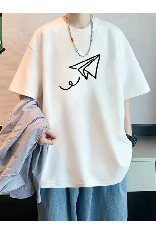 Baskılı Oversize Bisiklet Yaka T-shirt - Beyaz