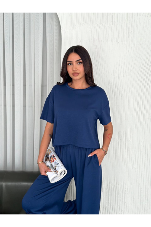 Osy Modal Yumuşak Dokulu Kumaş Bisiklet Yaka T-shirt Bol Paça Pantalon Ikili Takım -Saks Mavi