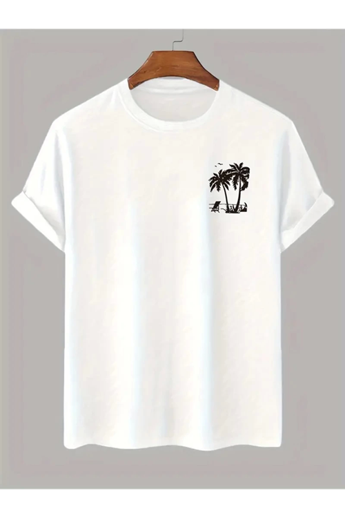 Baskılı Oversize Bisiklet Yaka T-shirt - Beyaz