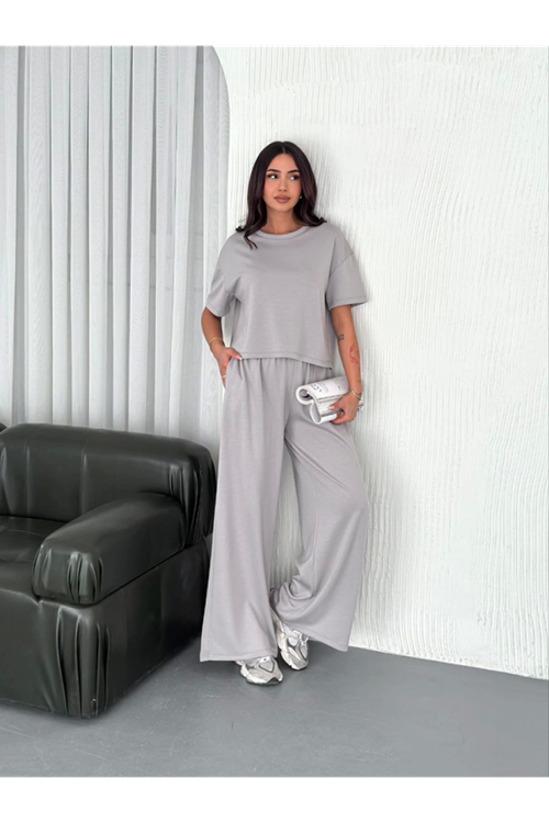 Osy Modal Yumuşak Dokulu Kumaş Bisiklet Yaka T-shirt  Bol Paça Pantalon Ikili Takım - Boyalı Gri