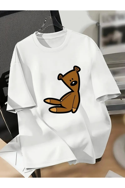 Baskılı Oversize Bisiklet Yaka T-shirt - Beyaz