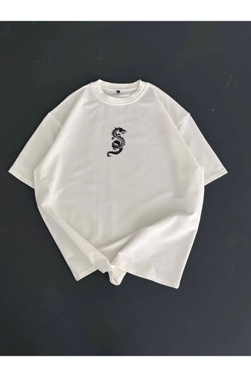 Baskılı Oversize Bisiklet Yaka T-shirt - Beyaz