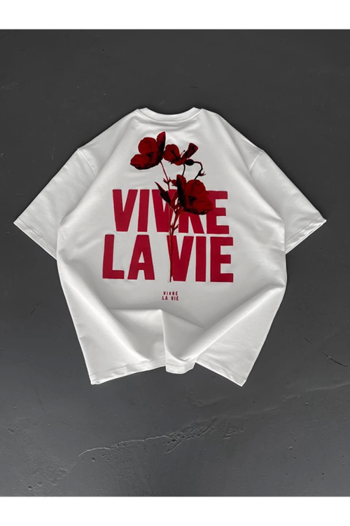 Baskılı Oversize Bisiklet Yaka T-shirt - Beyaz