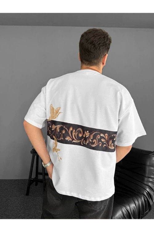 Ön Ve Arka Baskılı Oversize Bisiklet Yaka T-shirt - Beyaz