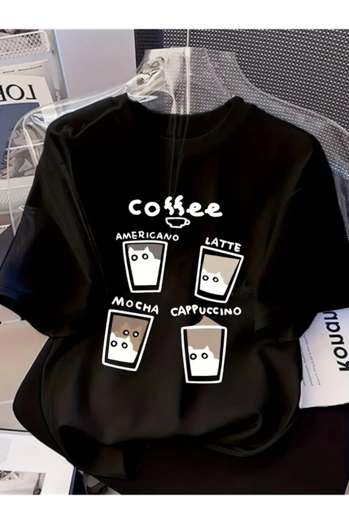 Baskılı Oversize Bisiklet Yaka T-shirt - Siyah