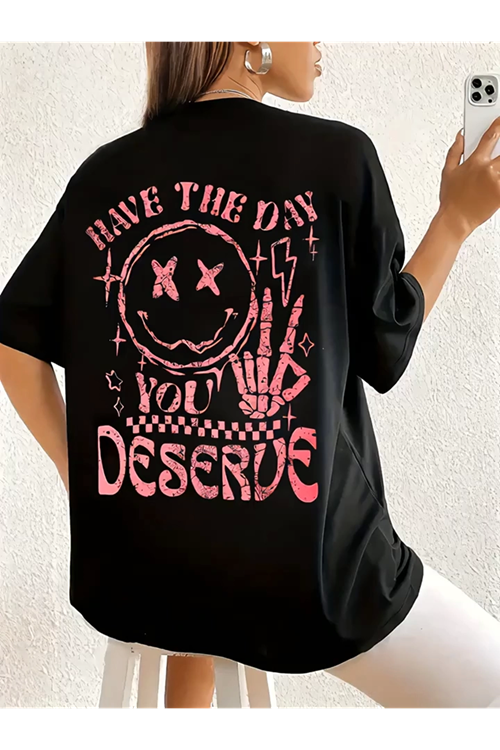 Baskılı Oversize Bisiklet Yaka T-shirt - Siyah